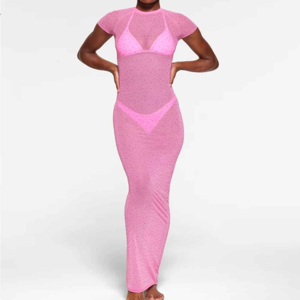 💖SKIMS MESH RHINESTONE SWIM LONG DRESS COVER UP TAFFY XXS - Picture 4 of 8